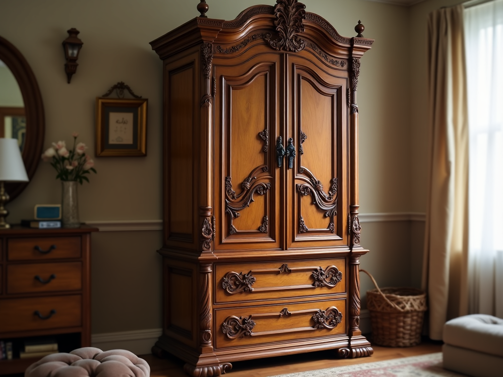 A wooden armoire with detailed carvings and a hidden drawer in a cozy bedroom.