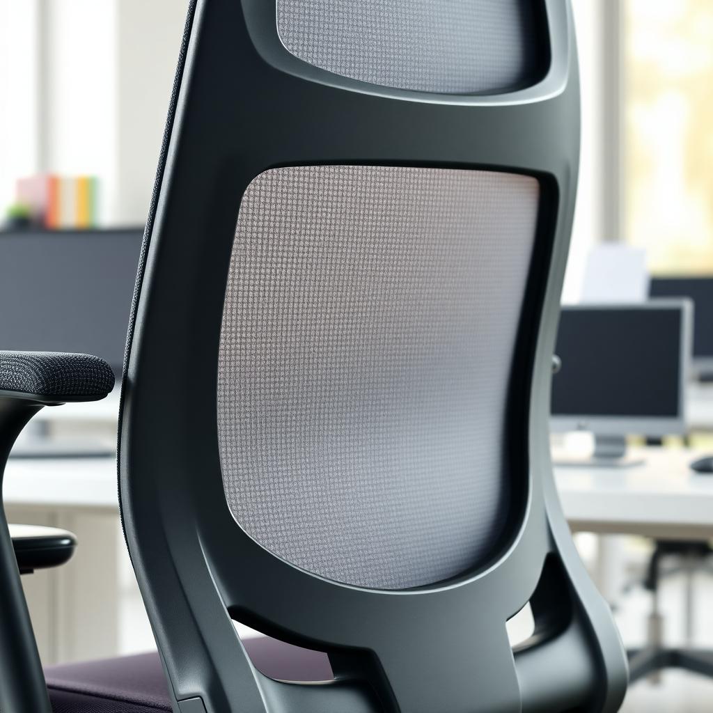 Ergonomic office chair with adjustable lumbar support and mesh back in a modern office setting.