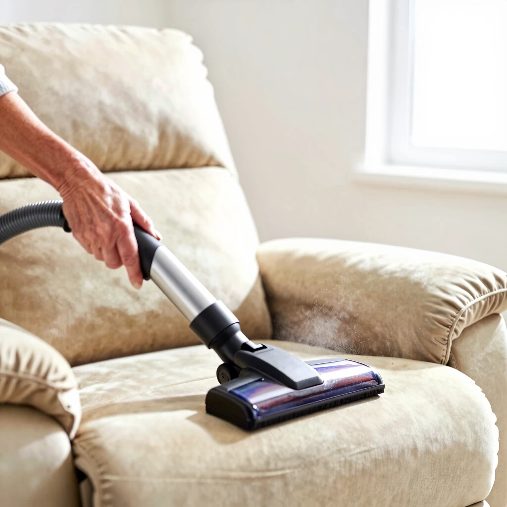 Woman vacuuming recliner chair to remove dust and debris