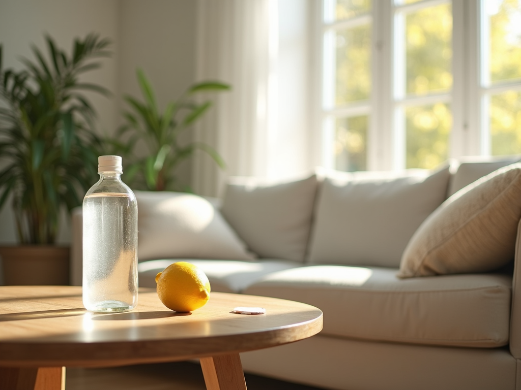 A bright living room with a spotless sofa and natural cleaning supplies.