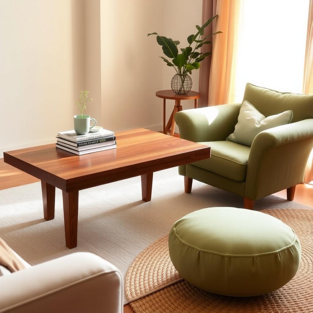 Cozy living room with a refinished oak coffee table, upcycled green armchair, and potted plant, illuminated by soft sunlight.