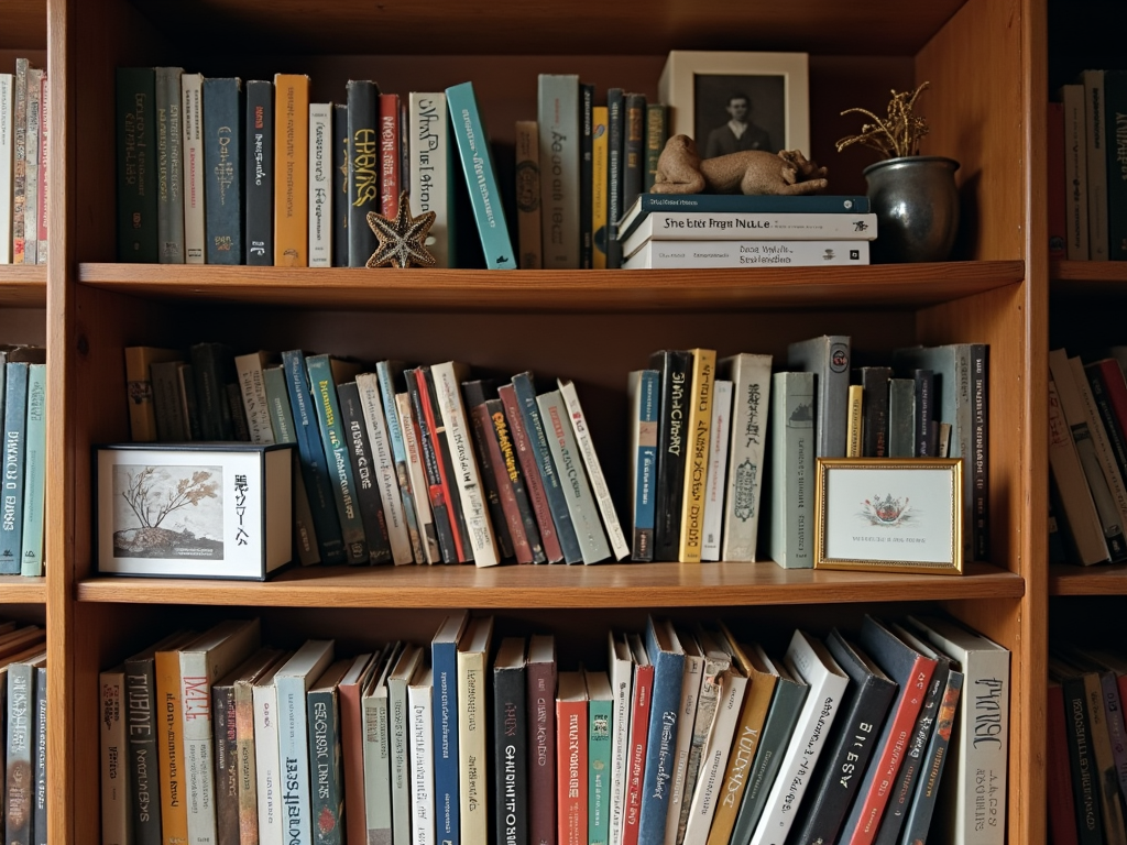 Bookshelf personalized with souvenirs and family photos.