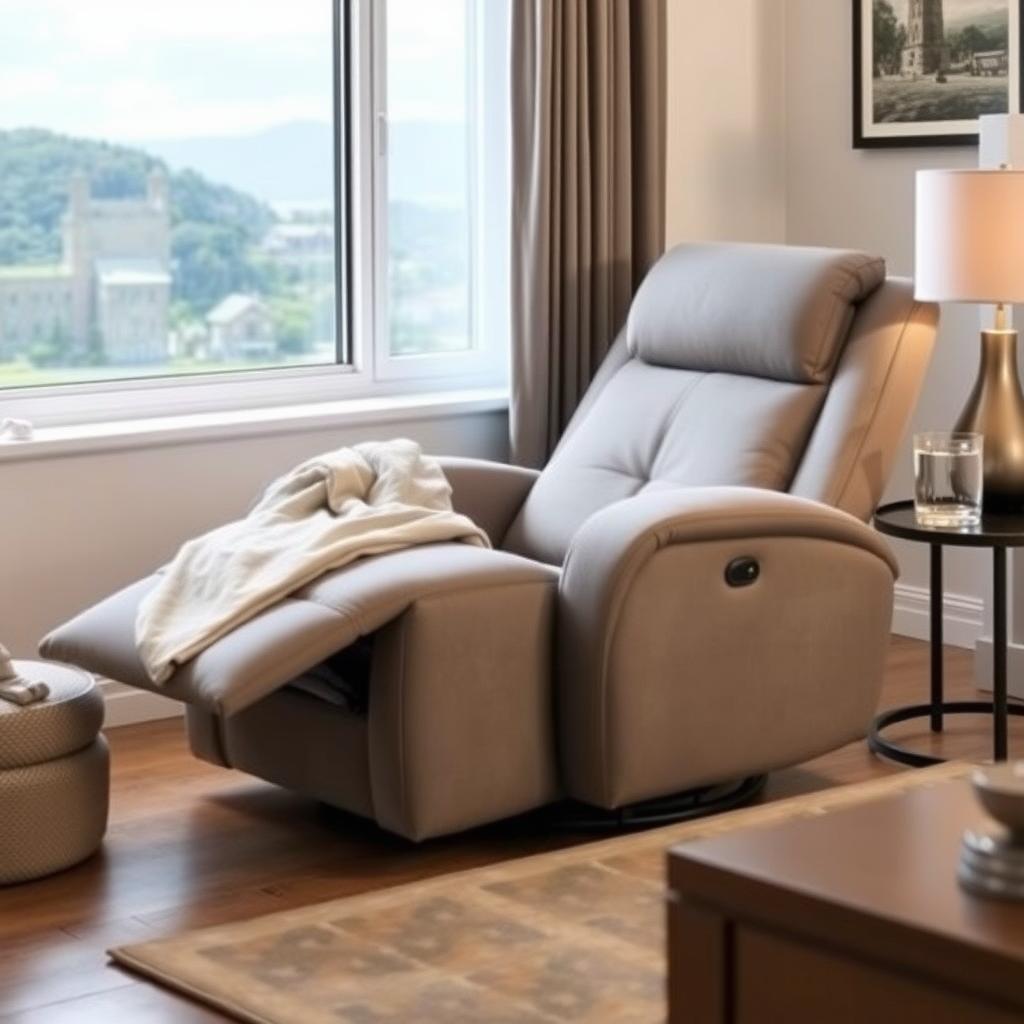 Gray fabric recliner in a cozy living room with a blanket and side table