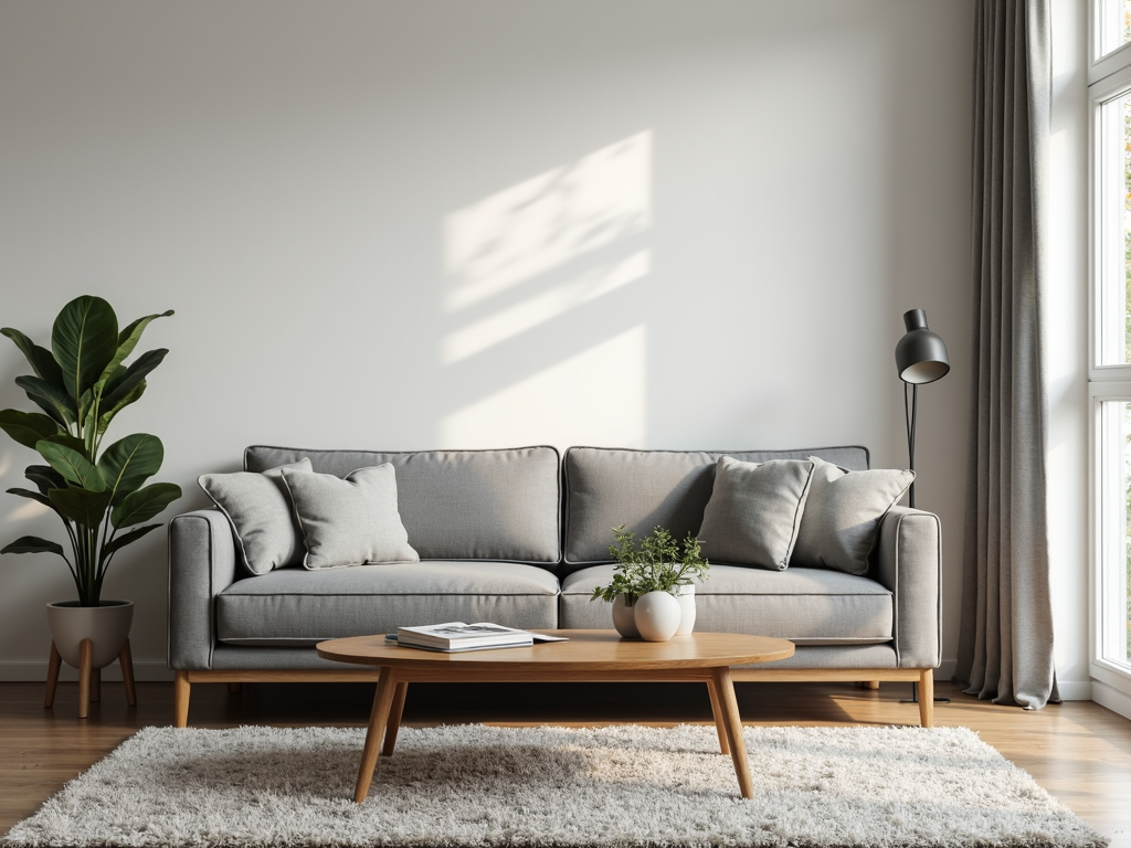 A bright living room with a plush gray sofa and a wooden coffee table