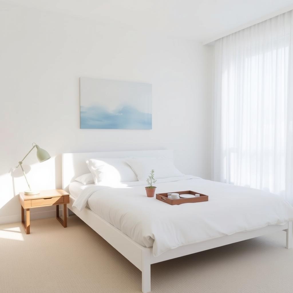Minimalist bedroom with white bed, abstract art, and organized nightstand