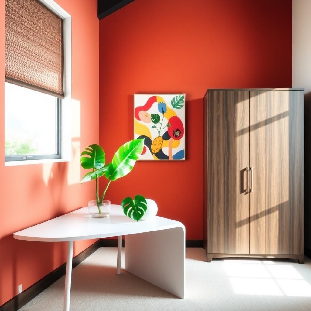 Home office with terracotta wall, modern desk, and minimalist armoire