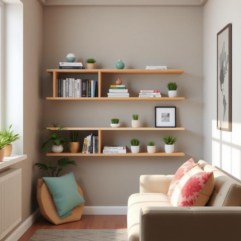 Cozy small living room with a wall-mounted modern bookshelf, colorful sofa, and natural light.