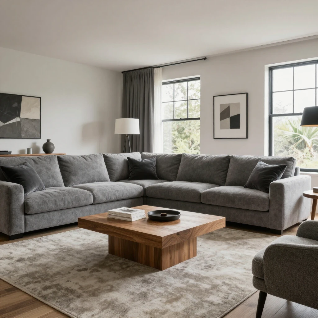 Stylish living room featuring comfortable sofa, coffee table, and armchair