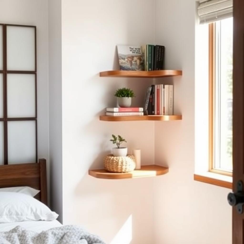 Three floating wooden shelves on a white bedroom wall, holding books, a potted plant, and a woven basket, bathed in soft natural light.