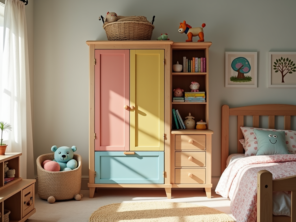 A multifunctional armoire in a child's room with hidden compartments for toys.