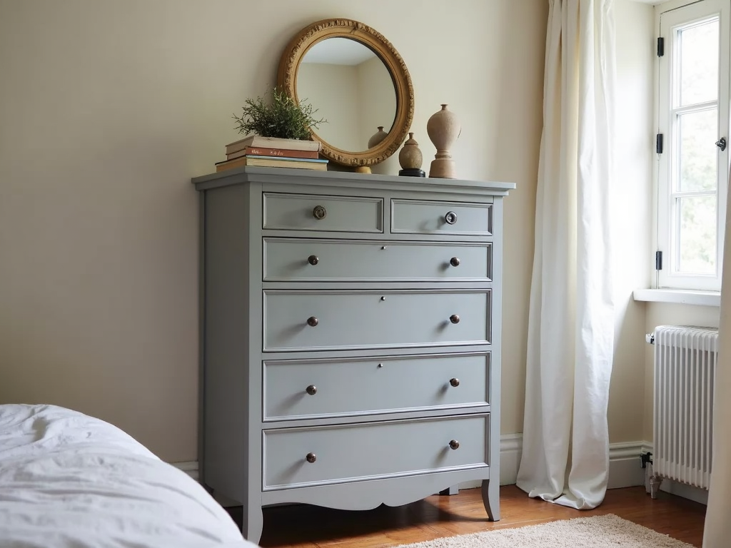 Gray armoire with mirror and books in a cozy bedroom