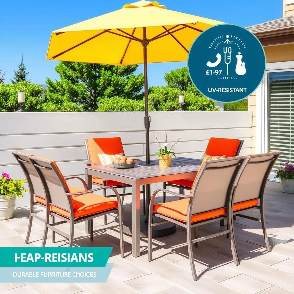 Modern aluminum patio dining set with UV-resistant cushions under a bright umbrella.