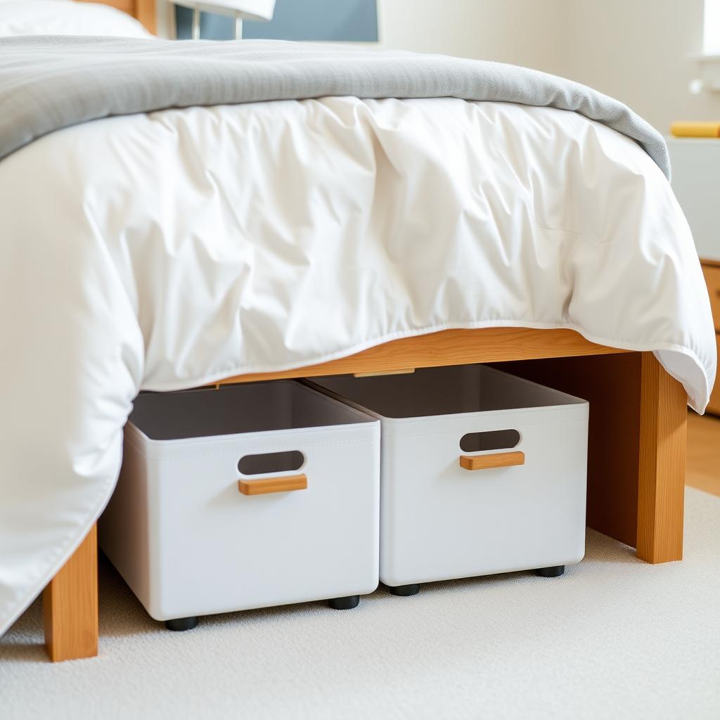 Rolling under-bed storage bins in a modern bedroom.