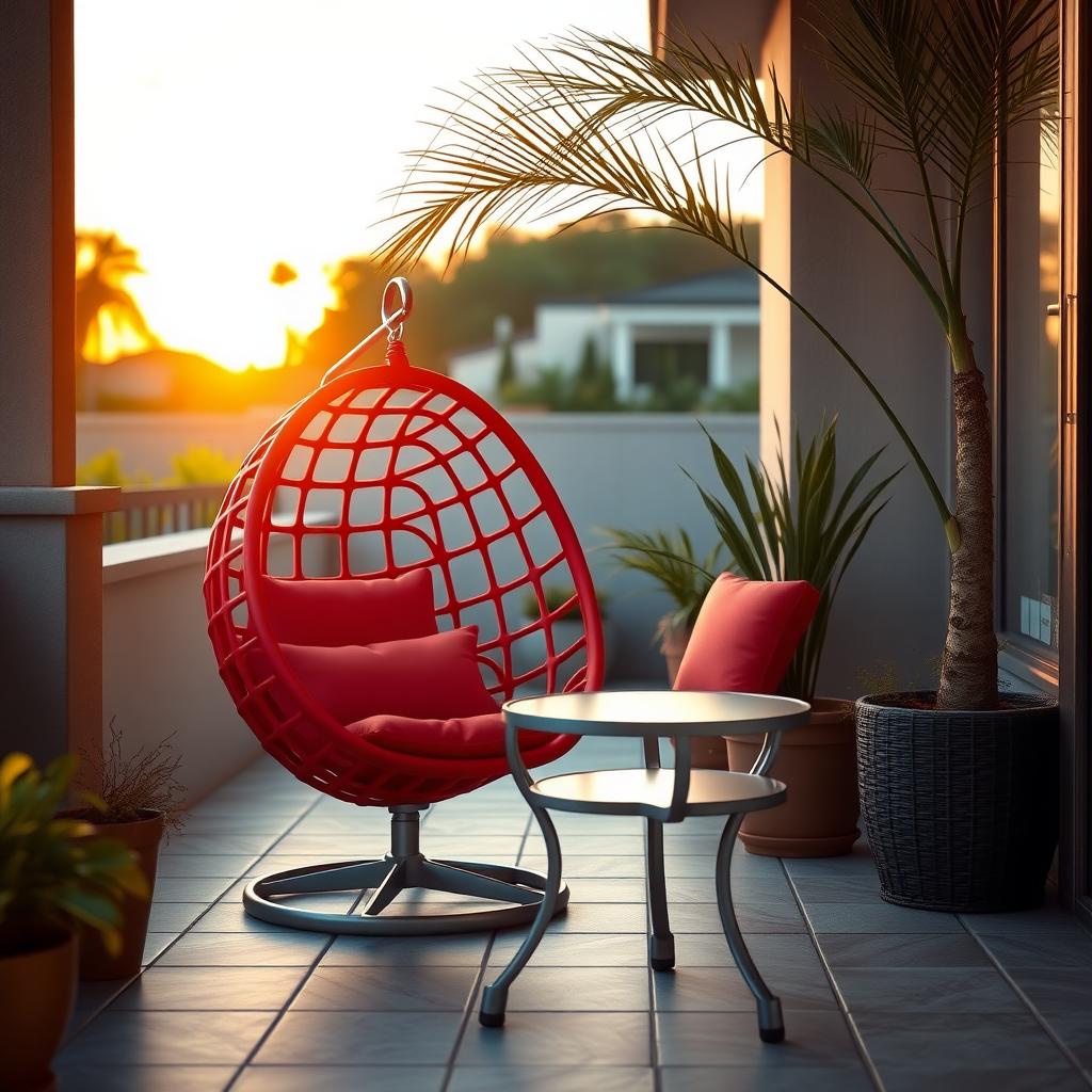 Vibrant red egg chair with aluminum side table on a tiled patio at sunset