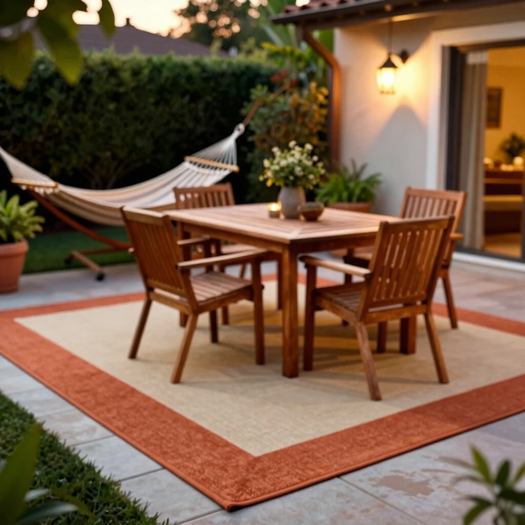 Cozy summer patio setup with striped outdoor rug and teak furniture