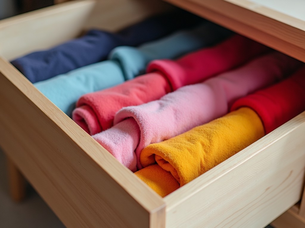 Rolled clothes in a drawer showing efficient use of space.
