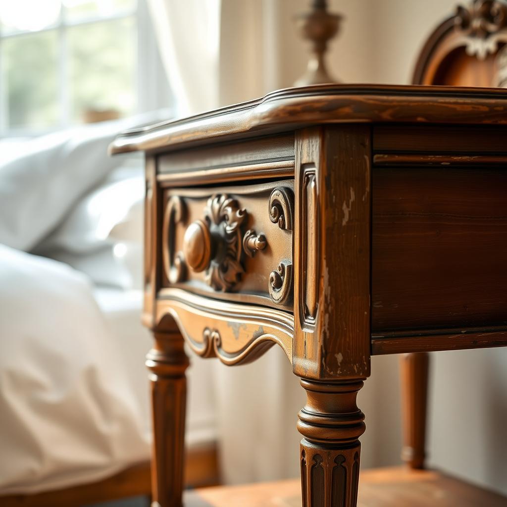 Vintage wooden nightstand with carvings in a cozy bedroom, ready for upcycling