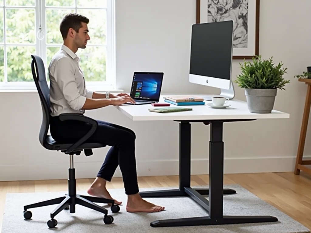 An ergonomic home office setup with an adjustable desk and chair.