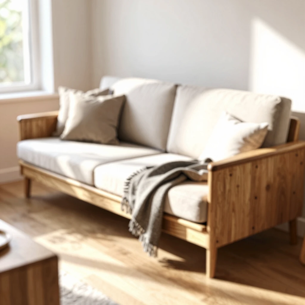 Well-maintained wooden futon in sofa position in a cozy living room