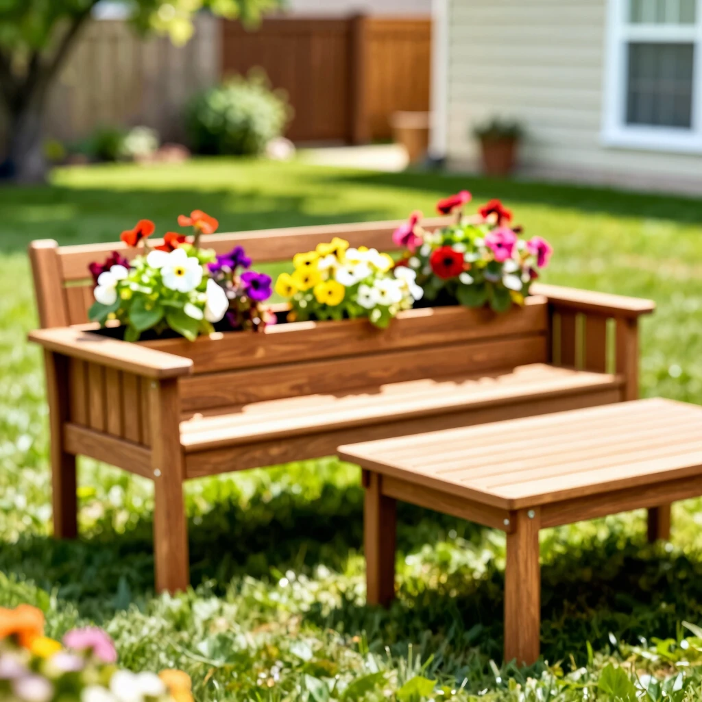 Multifunctional patio bench with planters and convertible coffee table