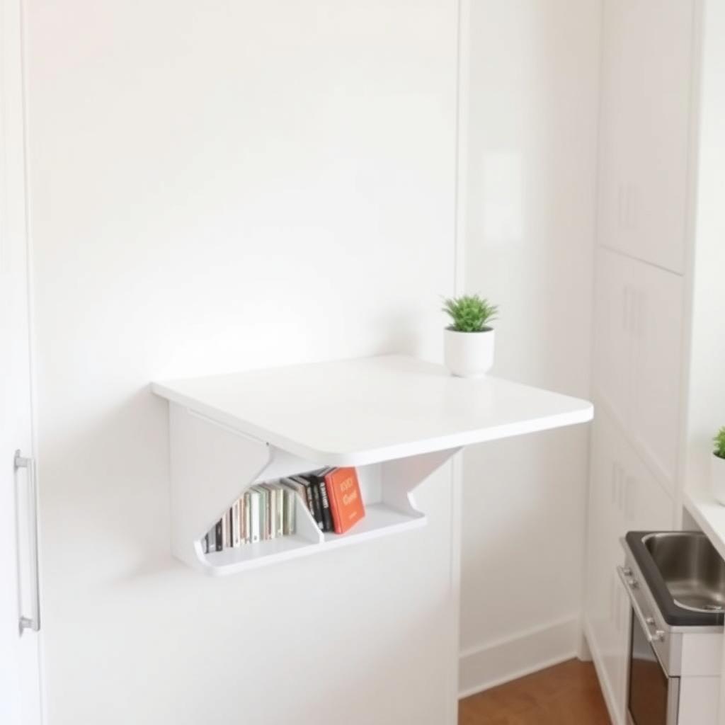 Wall-mounted foldable table in a minimalist kitchen