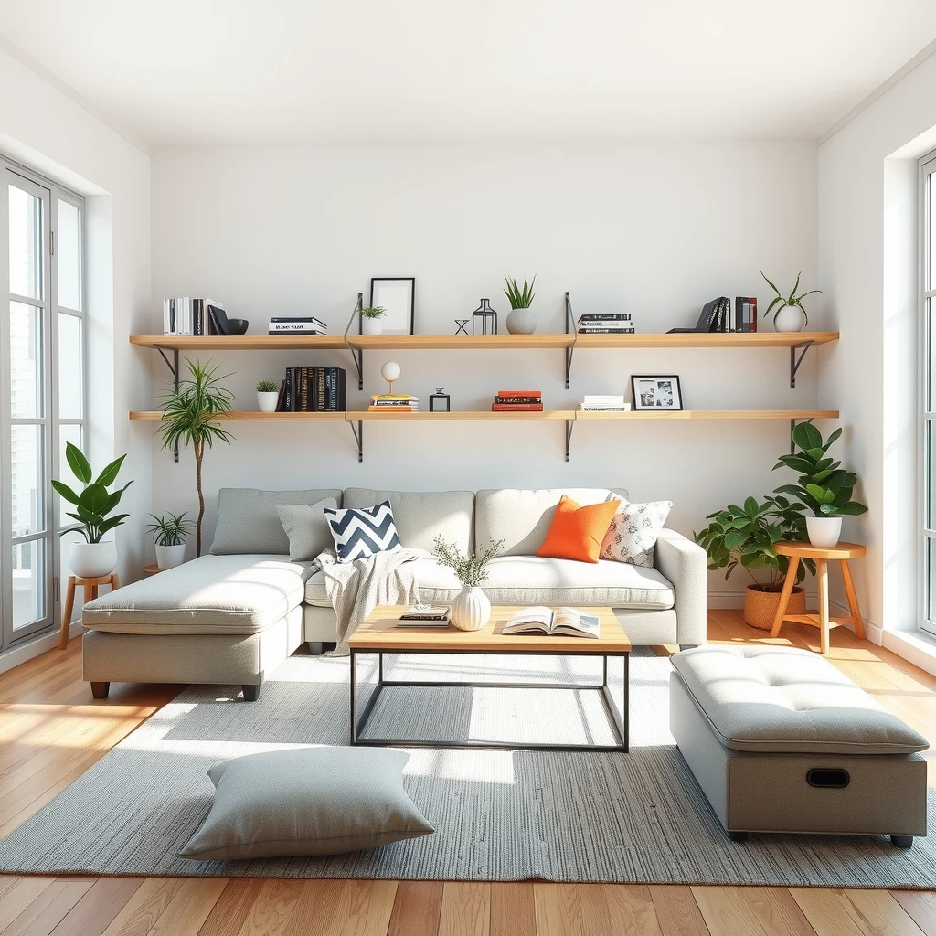 Bright modern small living room with sofa bed, storage coffee table, and wall-mounted shelves