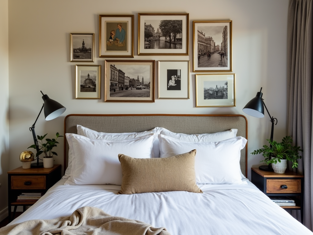 Bedroom with personal photos and art on the wall