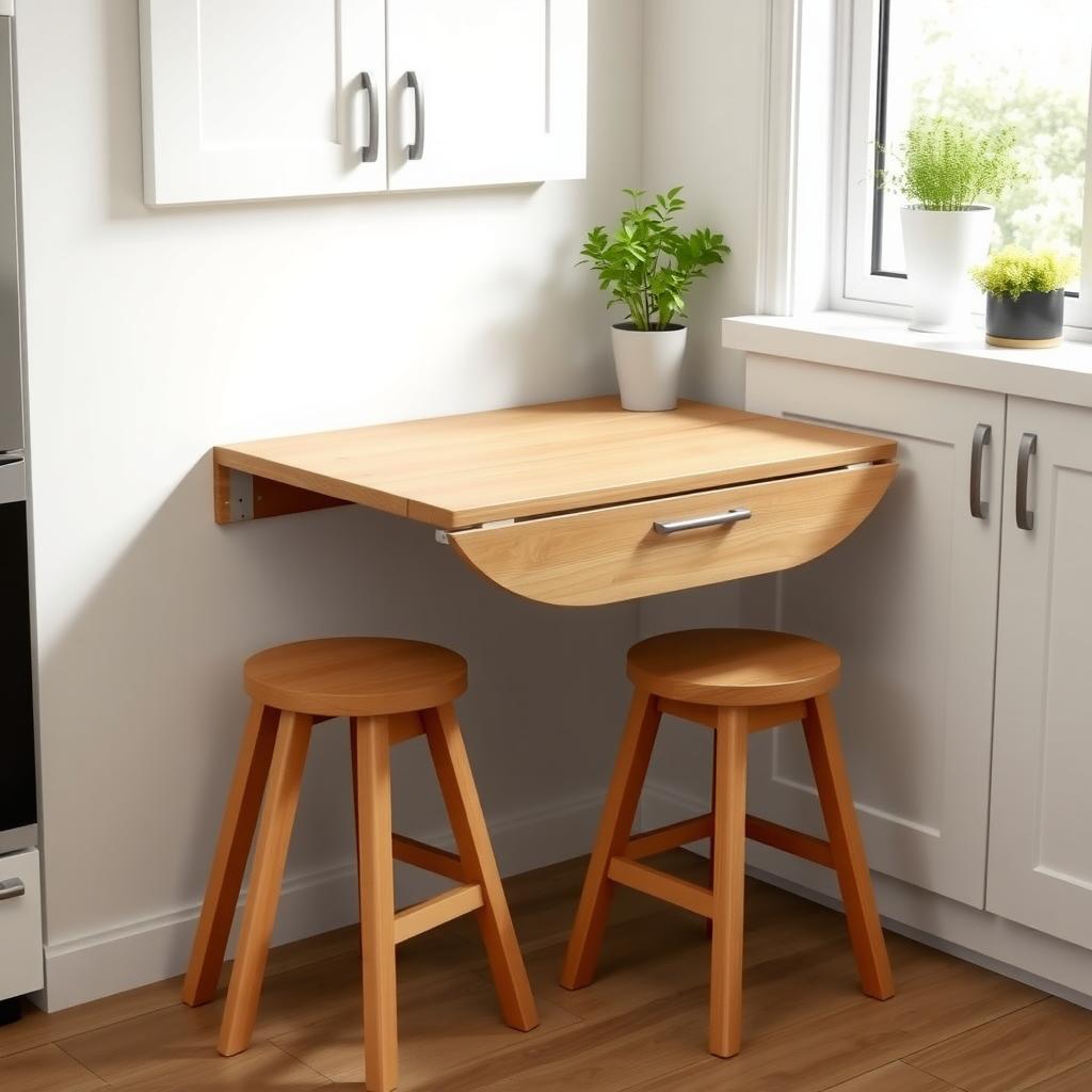 Compact kitchen with a drop-leaf dining table, stackable stools, and herb garden.