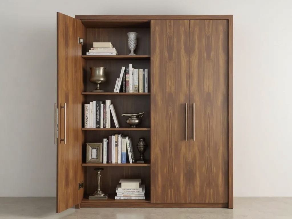 An armoire with a sliding mirror revealing a hidden shelf with945 books.