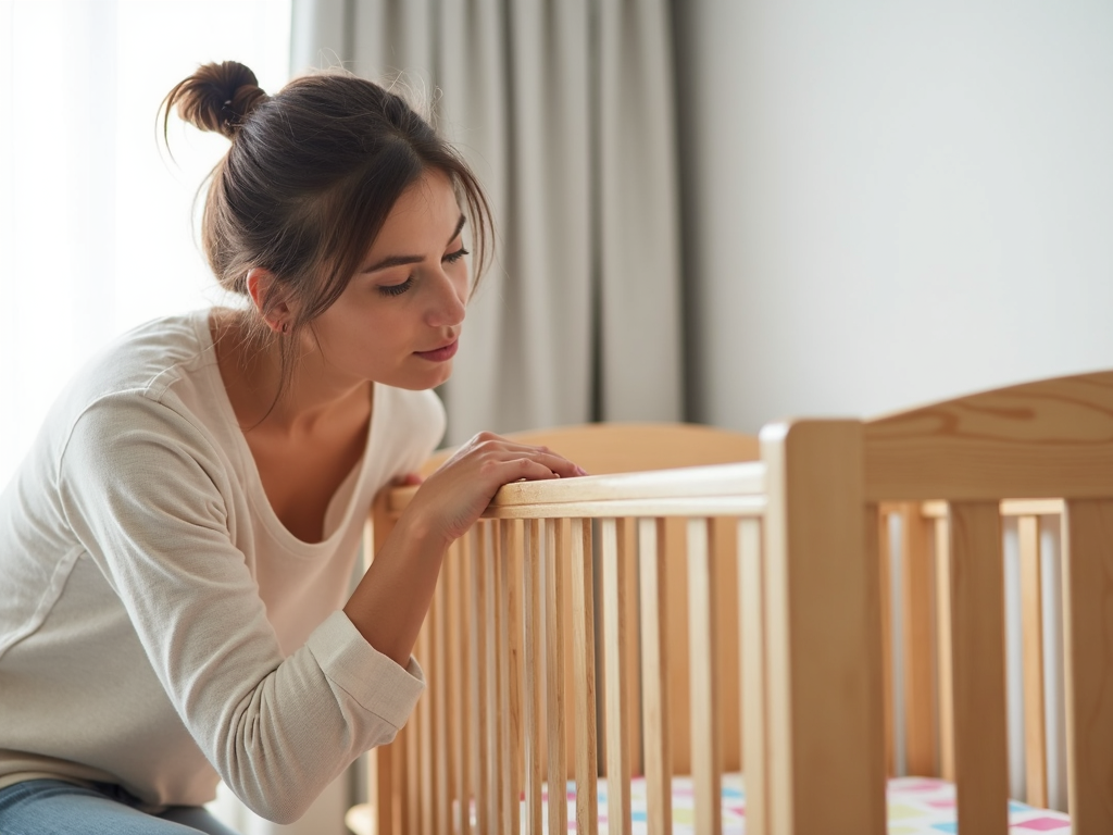 A parent inspecting a safe crib in a cozy nursery.