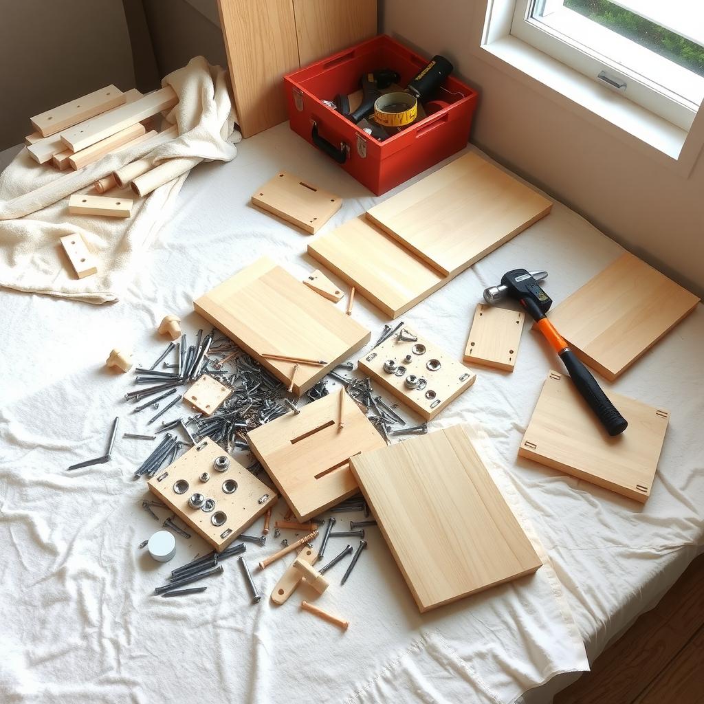 Organized workspace with cabinet parts and tools neatly arranged on a blanket.