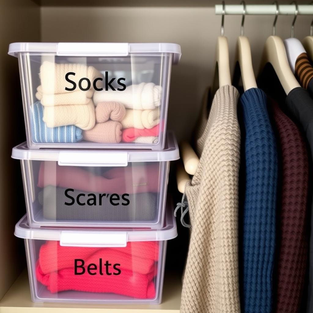 Organized closet shelf with labeled bins and color-coordinated sweaters.