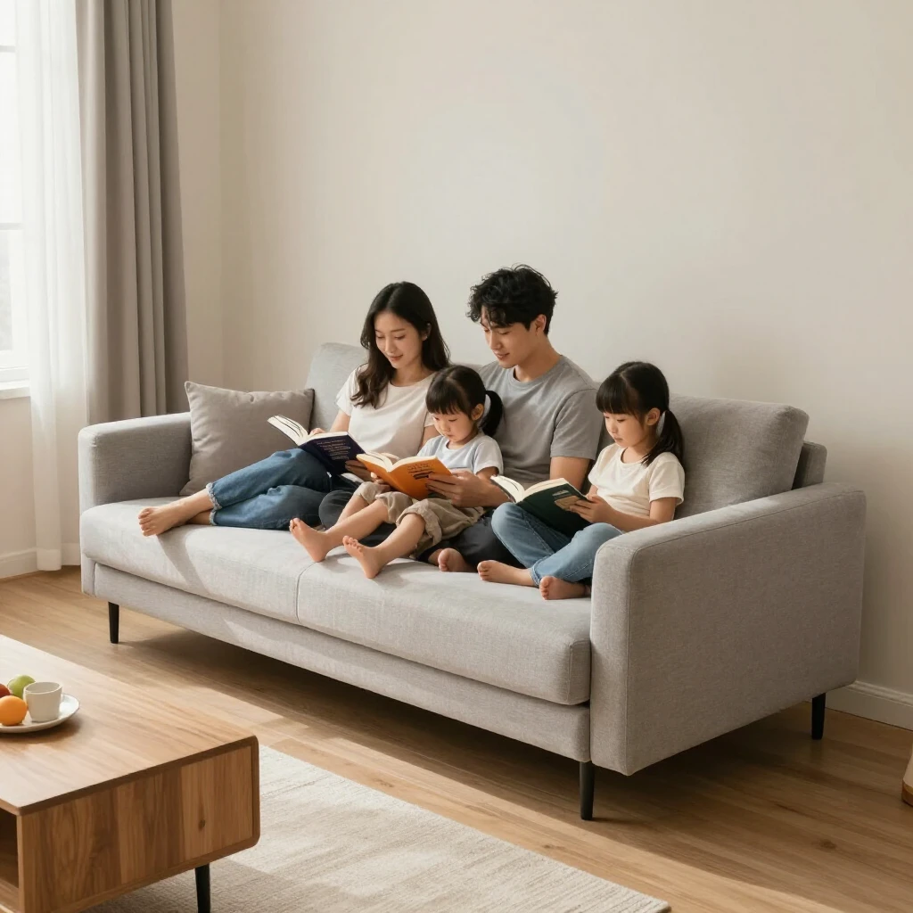 Modern futon in a small family living room