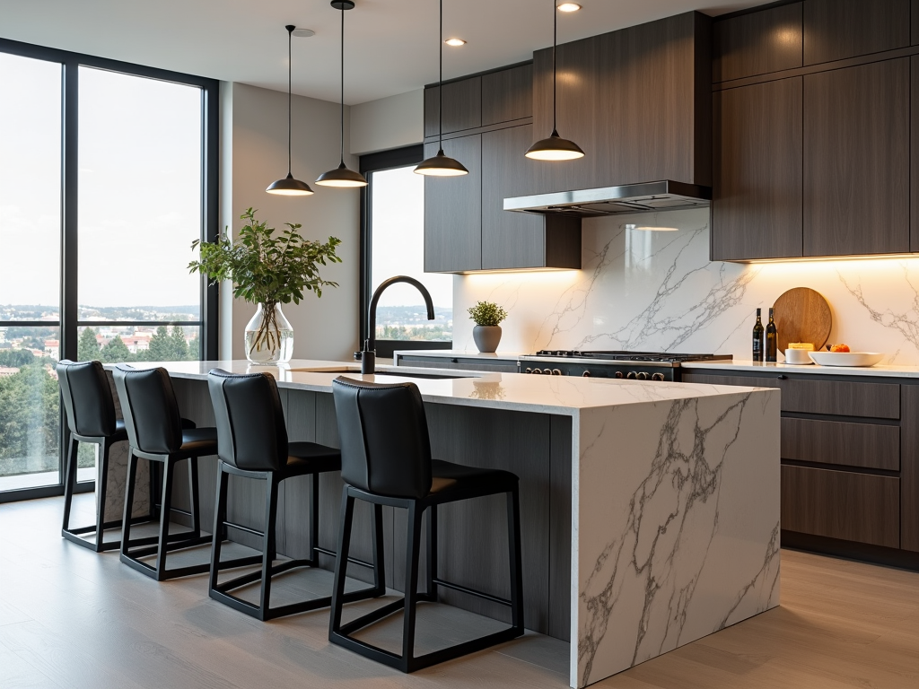 A kitchen island with modern bar stools, perfect for casual dining.