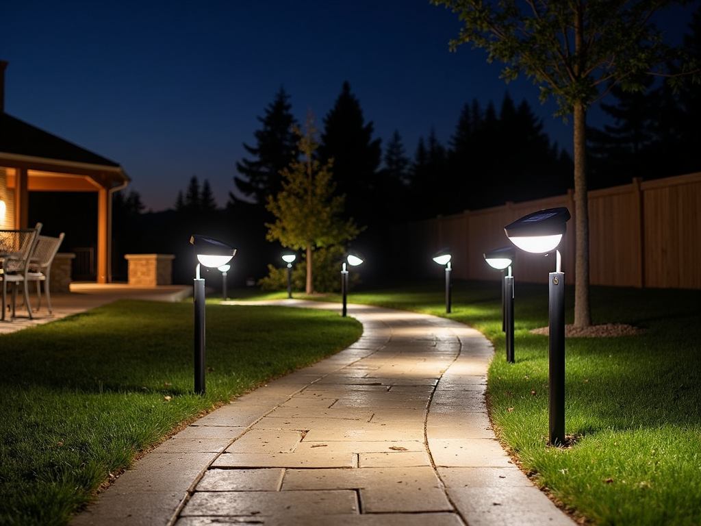 An outdoor patio with solar-powered path lights and LED floodlights.