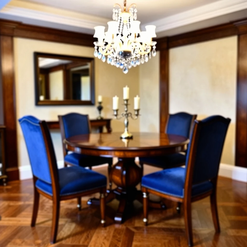 Classic luxurious formal dining room with dark wood furniture and crystal chandelier