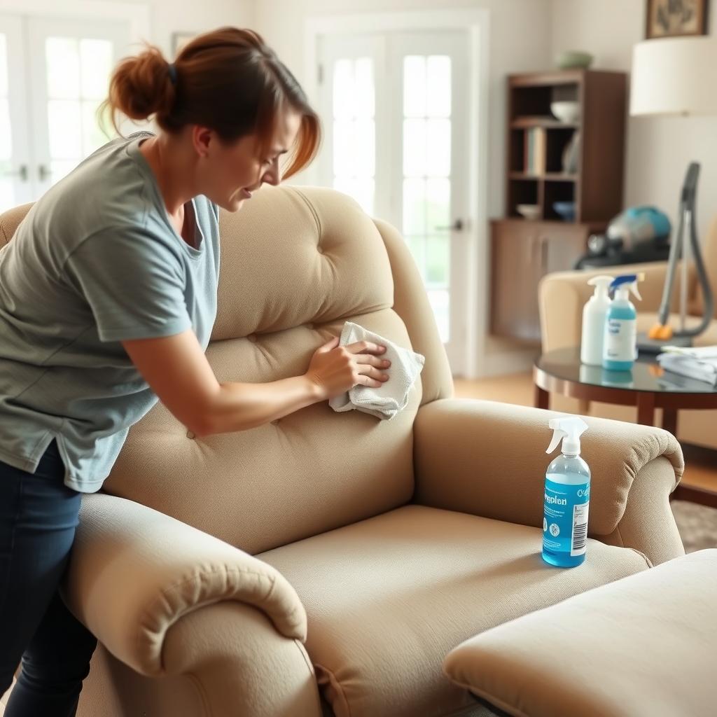 Person cleaning a beige microfiber recliner with a damp cloth in a bright living room.