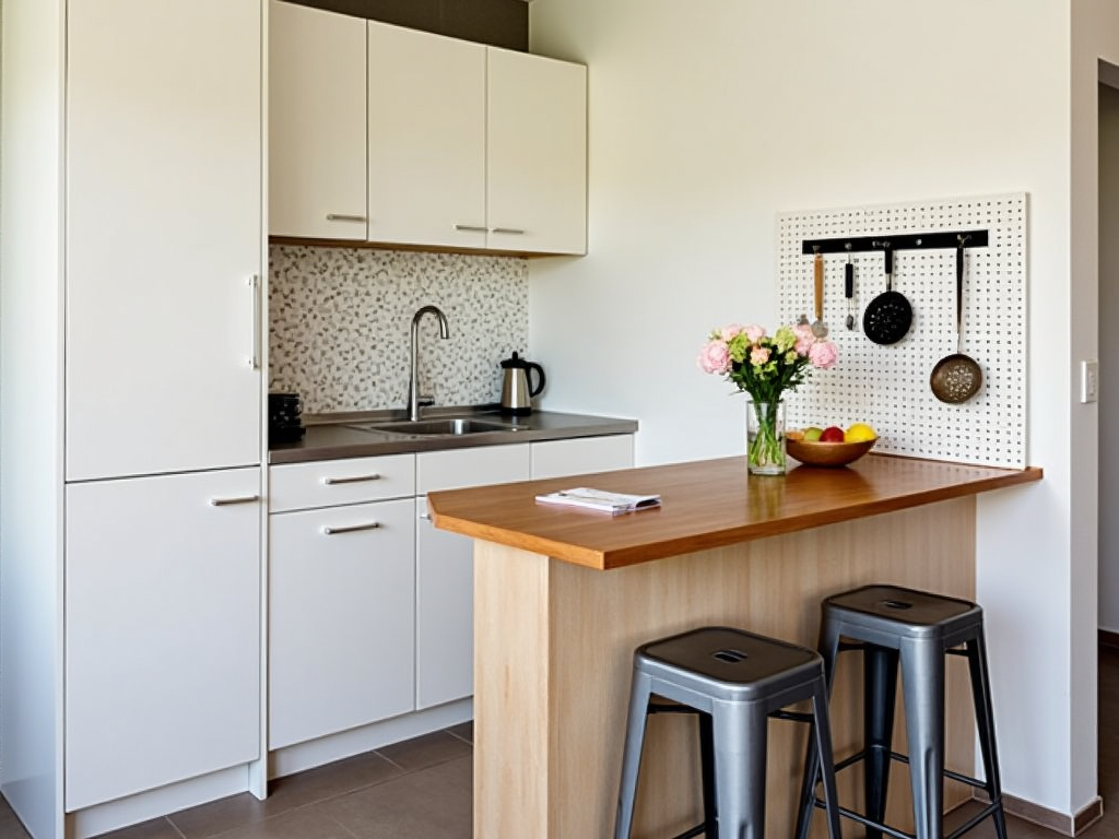 A cozy small kitchen with a functional kitchen island and stylish bar stools.