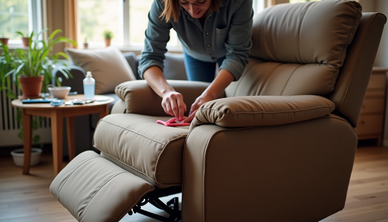 A person maintaining a recliner chair by lubricating its mechanism.