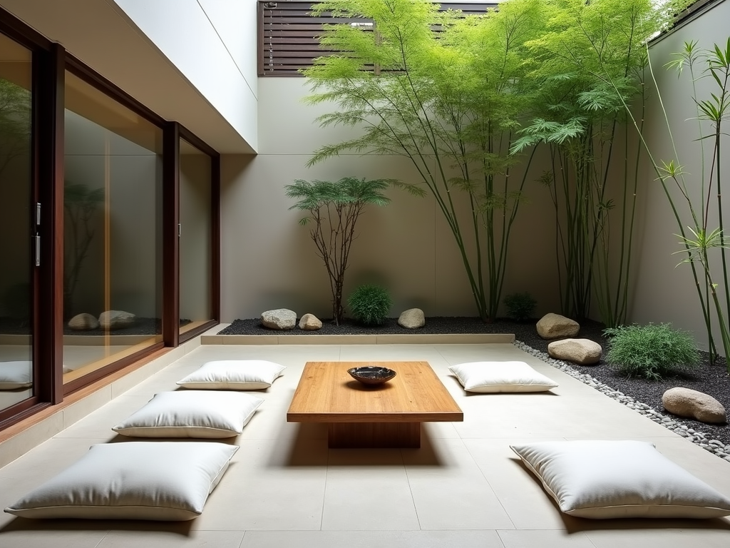 Minimalist patio furniture in a Zen garden