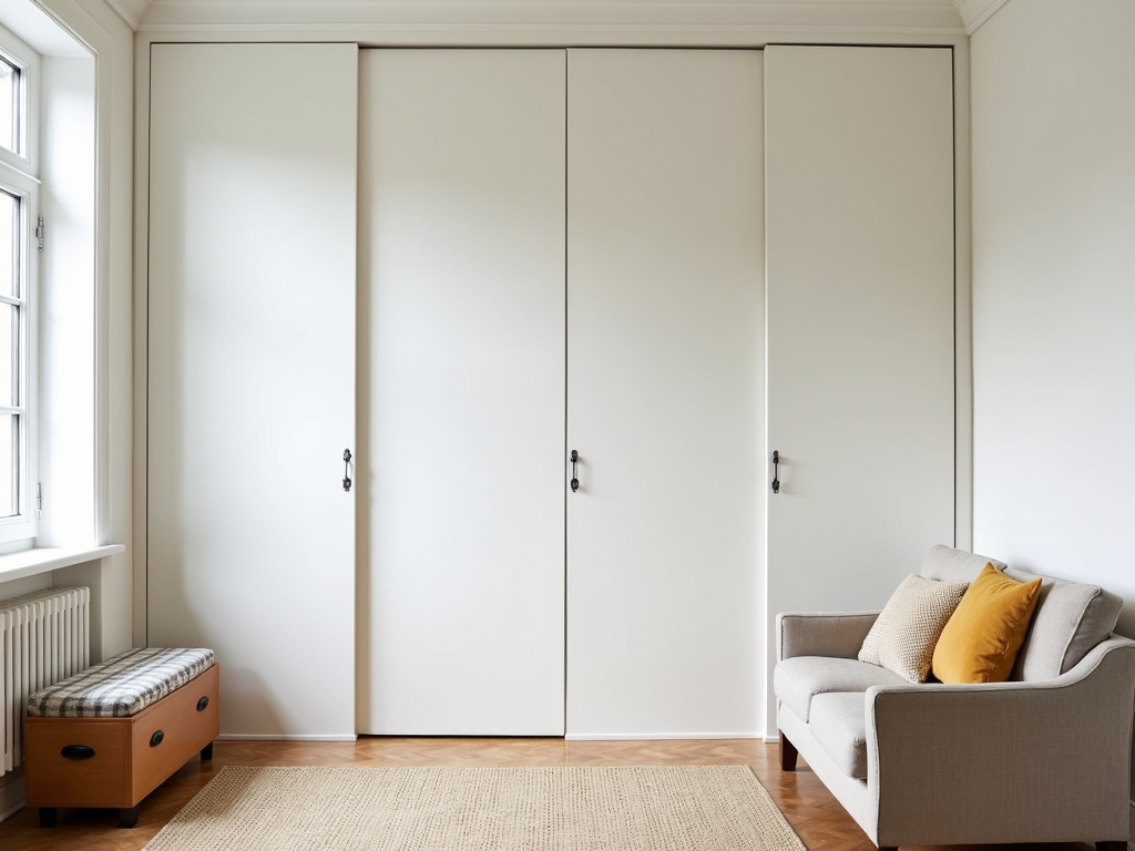 A room with a folded Murphy bed and a multipurpose storage ottoman.