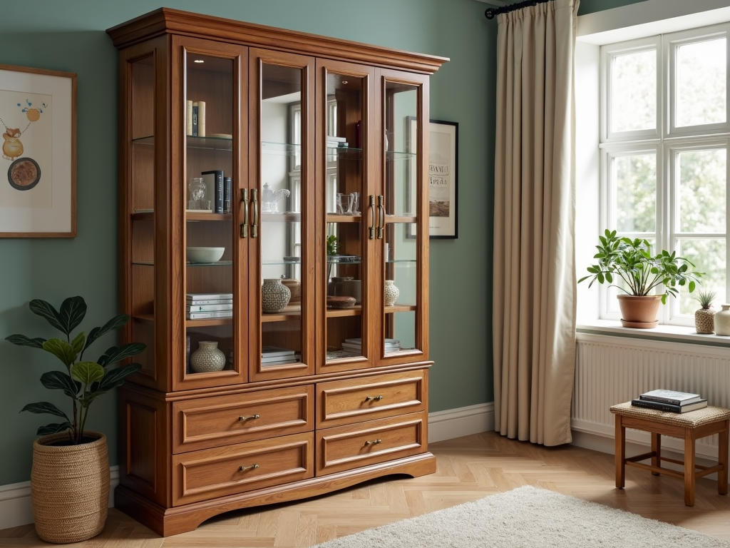A multifunctional armoire used as a display case with hidden compartments.