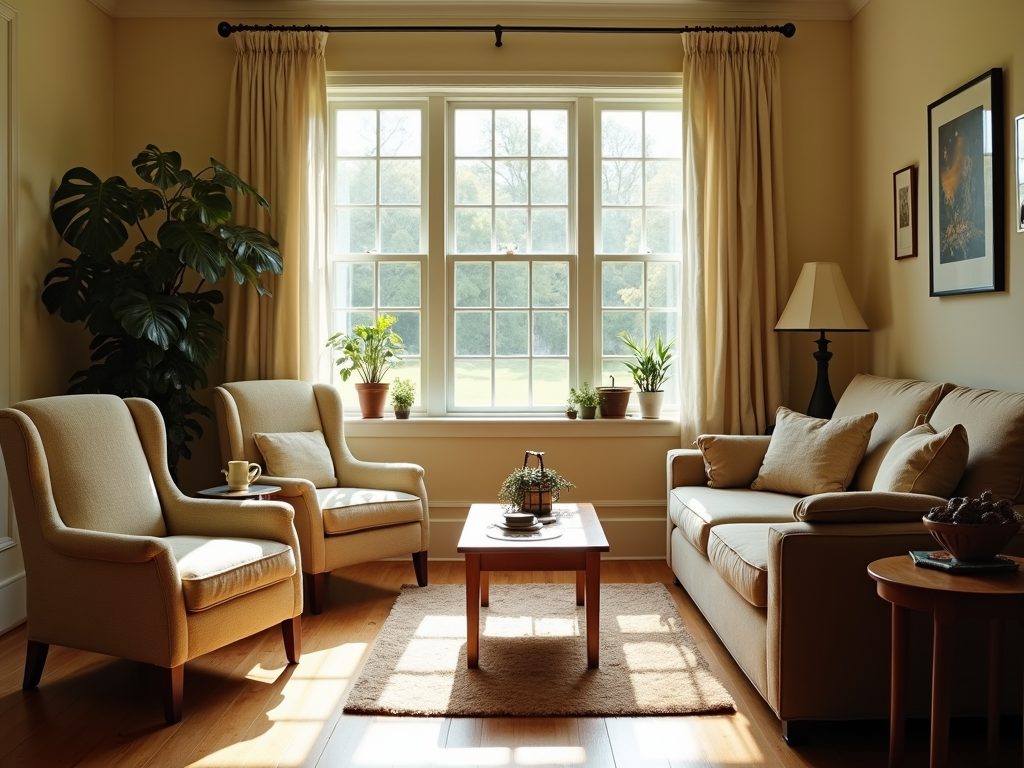 Living room with rearranged furniture for a cozy, sunlit feel