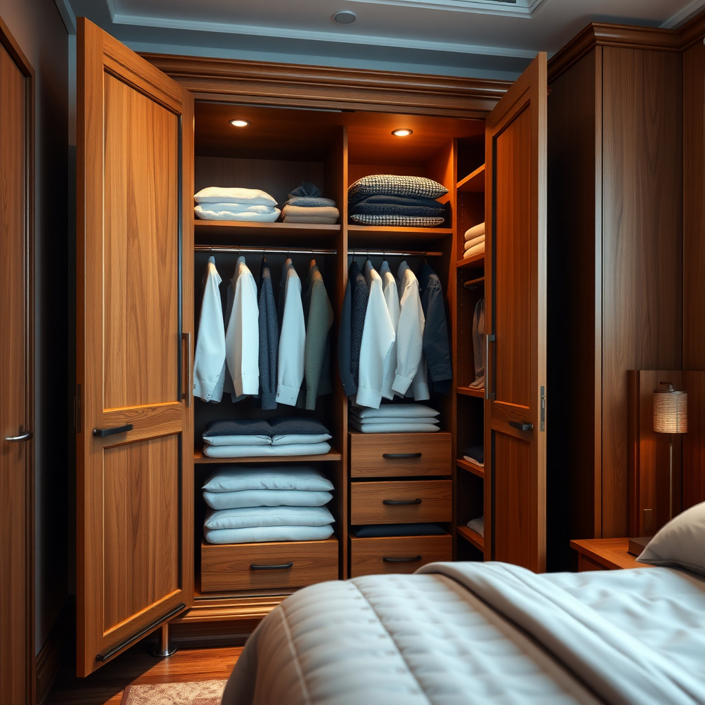 Open armoire showing organized clothes with shelves, hangers, and drawers