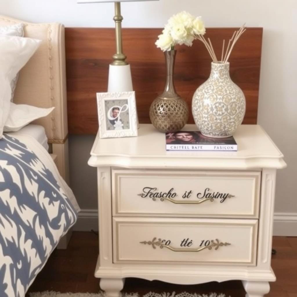 A nightstand with a small plant, a framed photo, and a neatly arranged book.