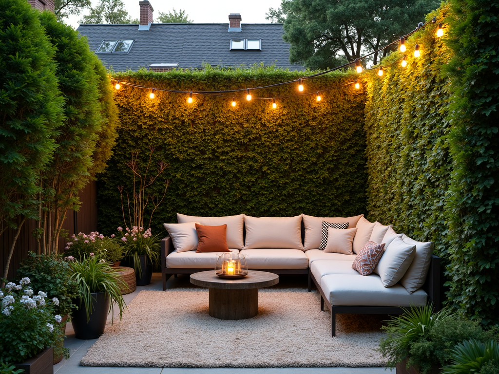 A private outdoor oasis with greenery and comfortable seating.