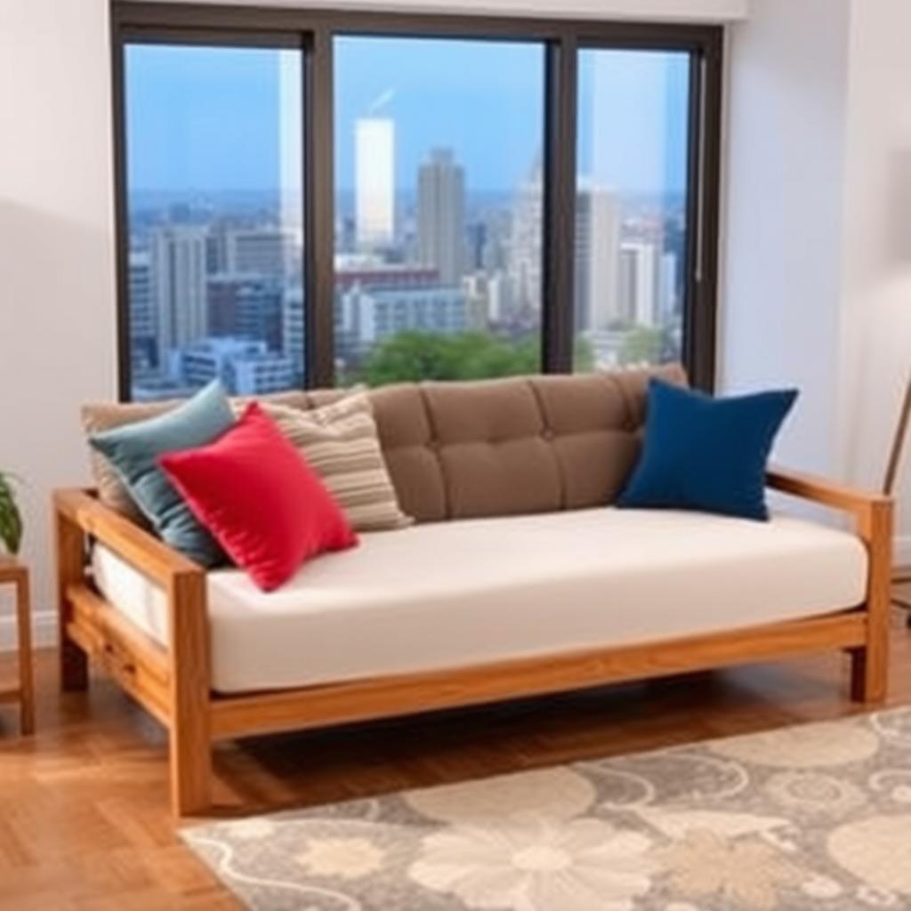 Fully assembled futon sofa bed with cushions in a stylish living room