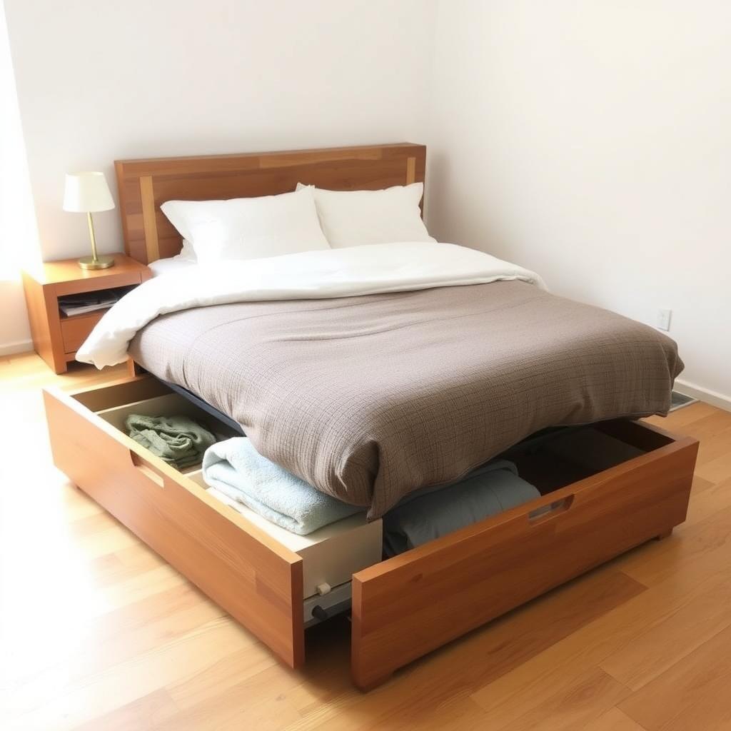 Minimalist bed with built-in storage drawers.