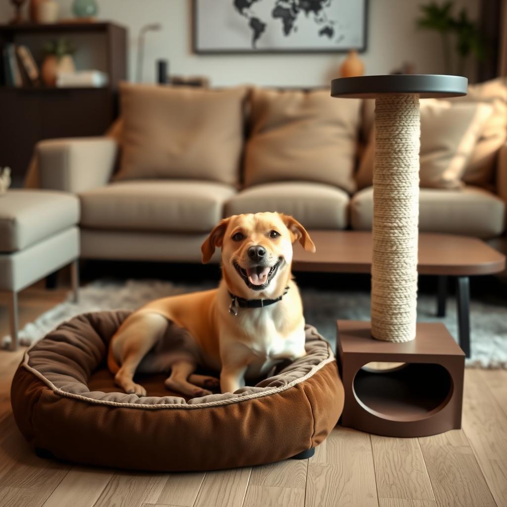 Dog on a pet bed next to a scratching post in a modern, pet-friendly living room.