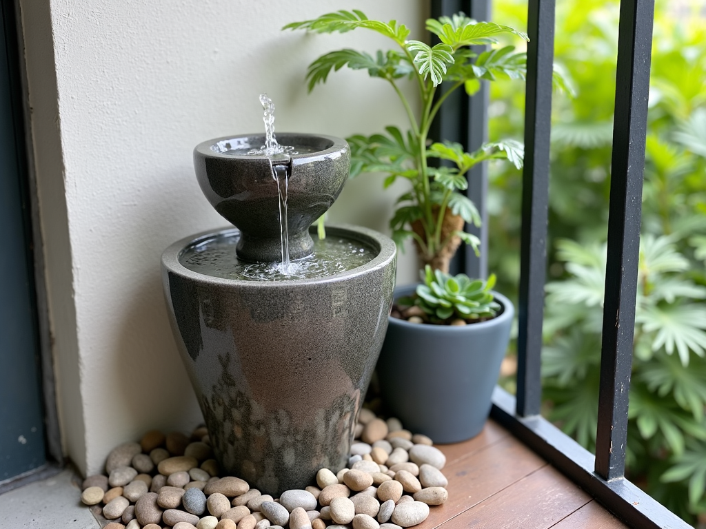 Balcony with small tabletop fountain
